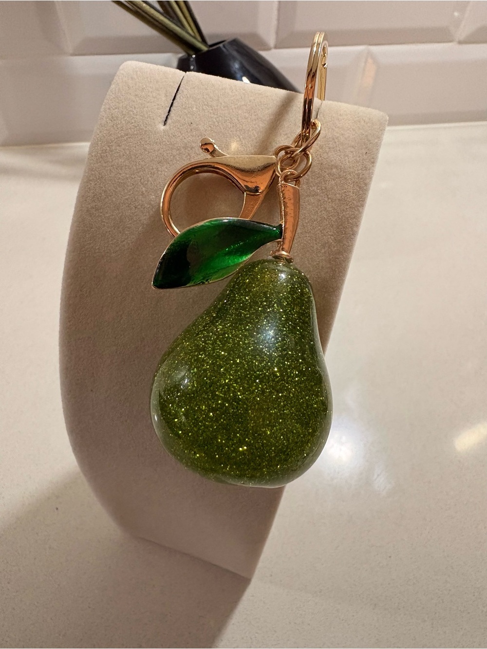 Green Glitter Pear Keychain with Gold-Tone Hardware